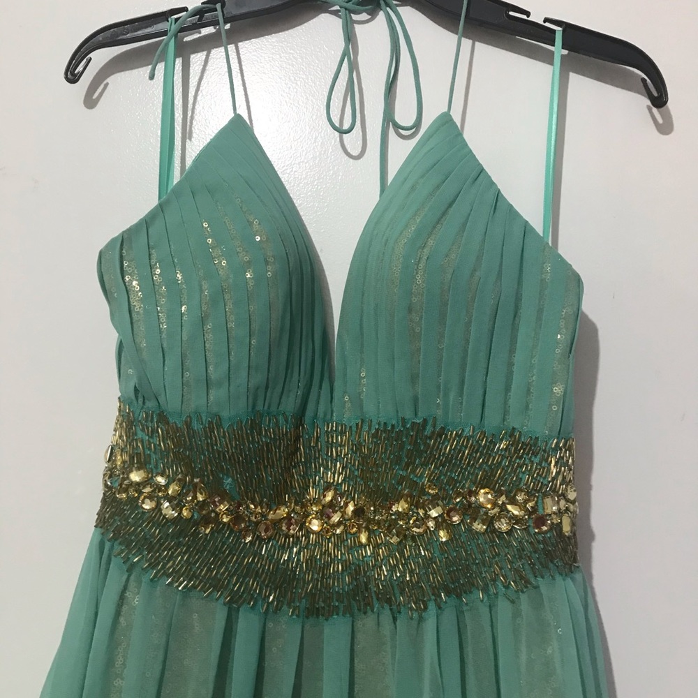 Turquoise mint blue gold prom dress